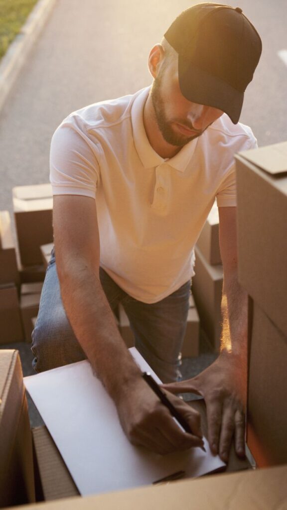A courier checks a package list surrounded by cardboard boxes during a daytime delivery.